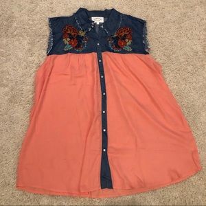 Sleeveless Jean Blouse w/ Floral Accents